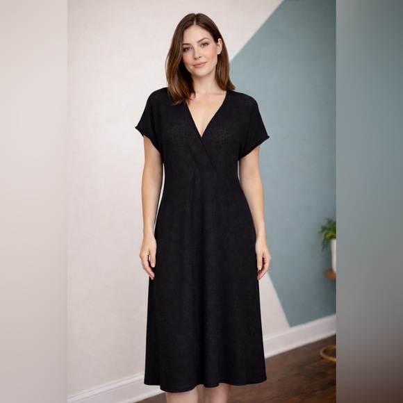 Eileen Fisher Dresses & Skirts - Eileen Fisher L Black Wool Midi Dress Textured Knit Wrap V-Neck Size Large